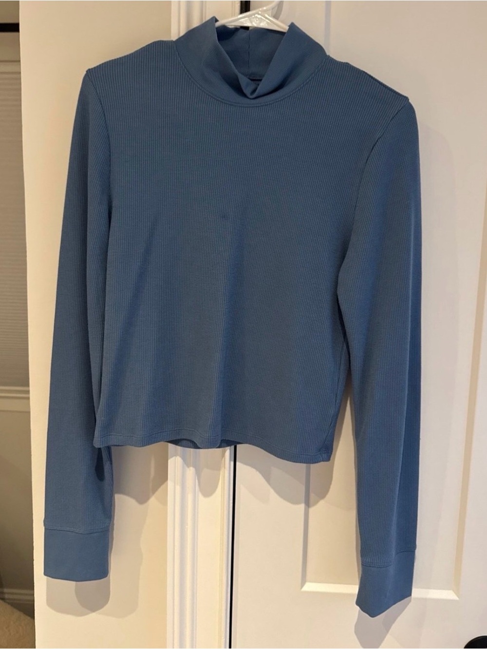 Blue Mock Neck Long-Sleeve Crop Waffle/Thermal Top